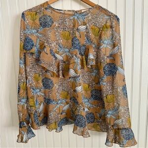 Molly Bracken Sheer Floral Blouse Brown and Blue Size S